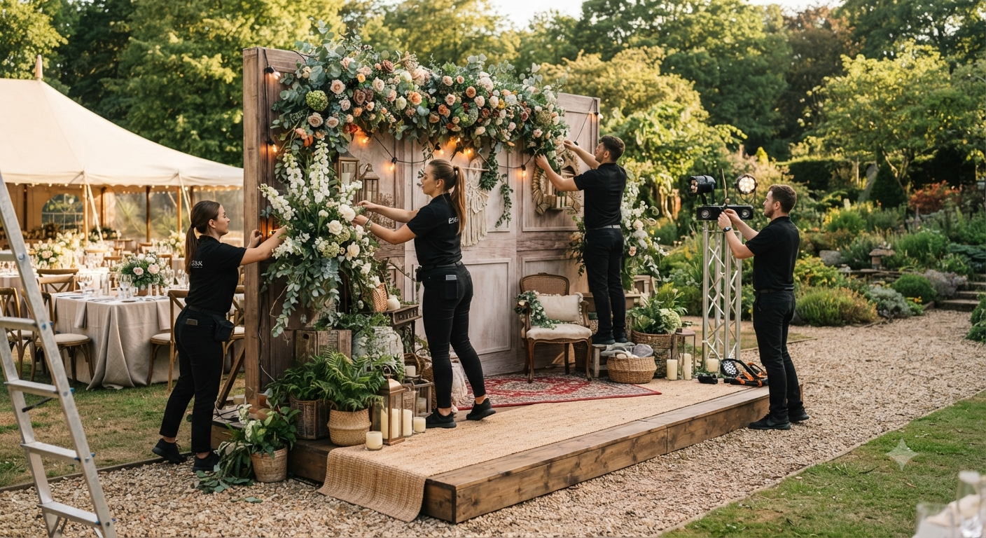 Chuẩn bị khu vực sân khấu và backdrop chụp hình